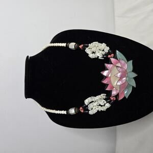 Vintage Lee Sands Lotus Pendant Necklace Shell Mother of Pearl Coral Statement